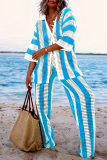 Casual Stripe Print V Neck Long Sleeve Hollow Out Knitted Blouse And Wide Leg Pants Vacation Plus Size Two Pieces Trouser Sets