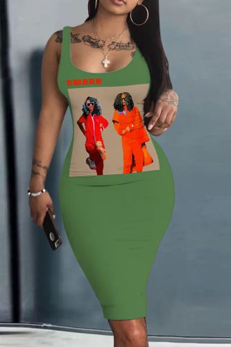 Sexy Graphics Print U Neck Sleeveless Bodycon Midi Tank Dresses