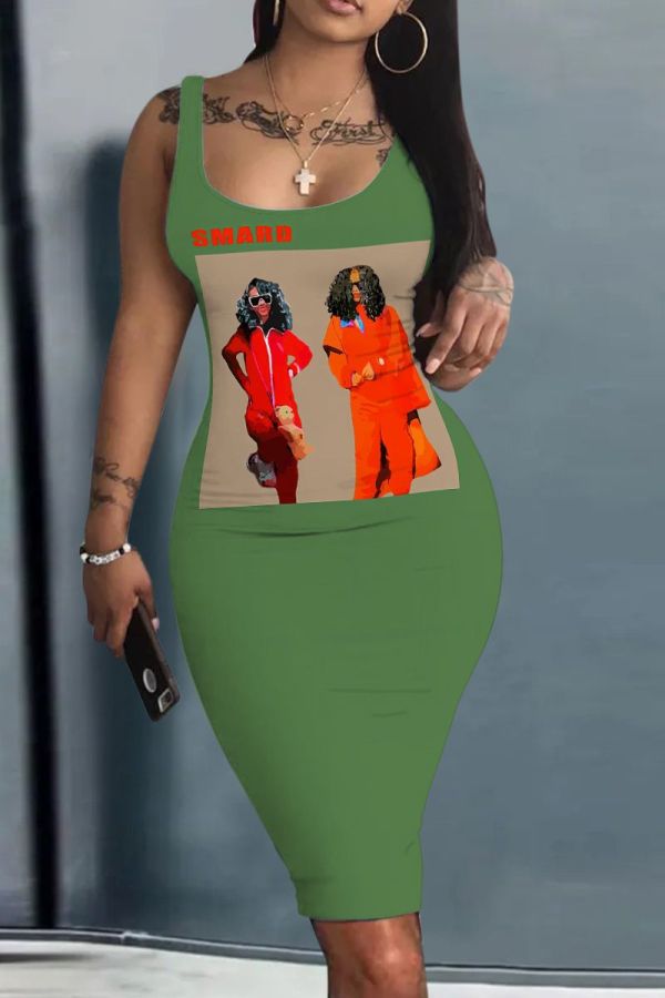 Sexy Graphics Print U Neck Sleeveless Bodycon Midi Tank Dresses