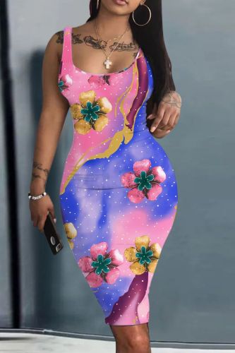 Sexy Graphics Print U Neck Sleeveless Bodycon Midi Tank Dresses