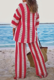 Casual Stripe Print V Neck Long Sleeve Hollow Out Knitted Blouse And Wide Leg Pants Vacation Plus Size Two Pieces Trouser Sets