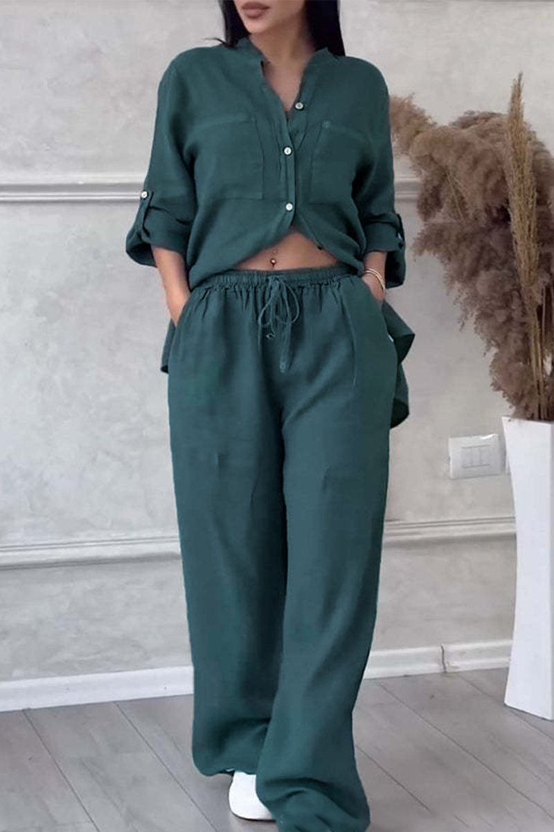 Casual Daily Solid Color Draw String Buttons V Neck Long Sleeve Two Pieces