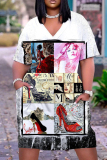 Casual Graphics Print Basic V Neck Short Sleeve Loose Pockets Midi T-Shirt Dress