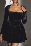 Formal Square Neck Long Sleeve Ruched Formal Party Evening Pleated Bodycon Velvet Midi Dress