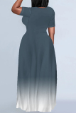 Casual Gradient Print O Neck Short Sleeve Pocket Loose Floor Length Plus Size Maxi T-Shirt Dresses