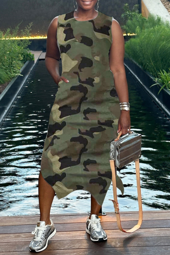 Street Camouflage Print O Neck Sleeveless Side Slit Vacation Long Maxi Tank Dresses