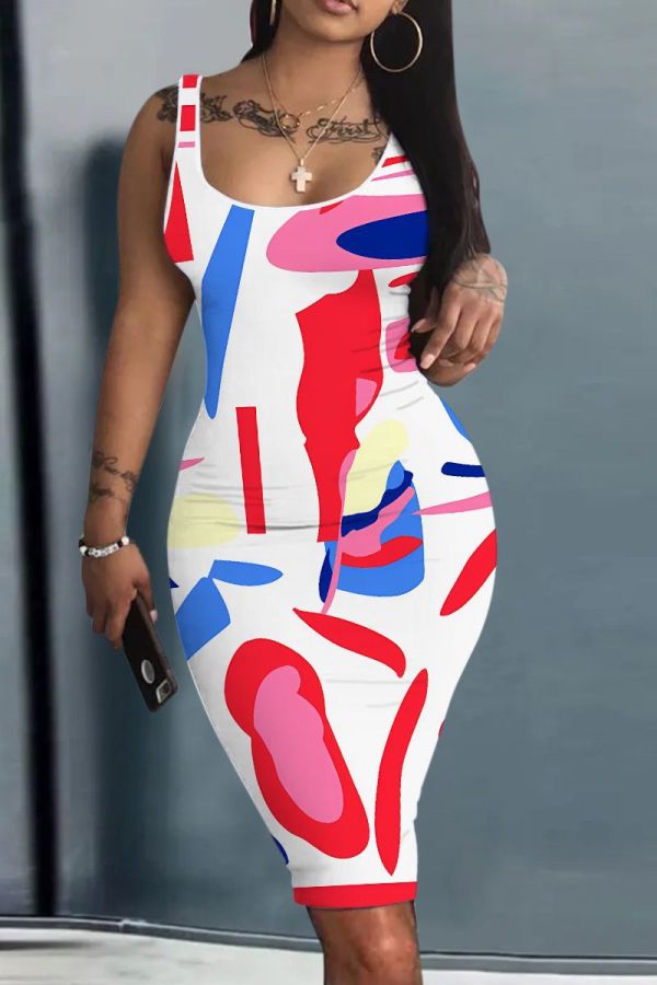 Casual Graphics Print U Neck Sleeveless Vacation Bodycon Midi Tank Dress