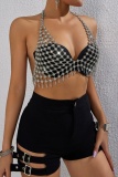 Backless Sleeveless Hot Drill Hollow Out See-Through Club Chains Halter Tops