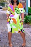 Casual Graphics Print Basic V Neck Short Sleeve Loose Pockets Midi T-Shirt Dress