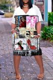 Casual Graphics Print Basic V Neck Short Sleeve Loose Pockets Midi T-Shirt Dress