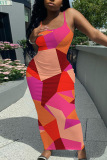 Casual Graphics Print Backless Spaghetti Strap Long Vacation Plus Size Bodycon Maxi Slip Dresses