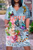 Casual Graphics Print Basic V Neck Short Sleeve Loose Pockets Midi T-Shirt Dress