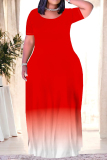 Casual Gradient Print O Neck Short Sleeve Pocket Loose Floor Length Plus Size Maxi T-Shirt Dresses