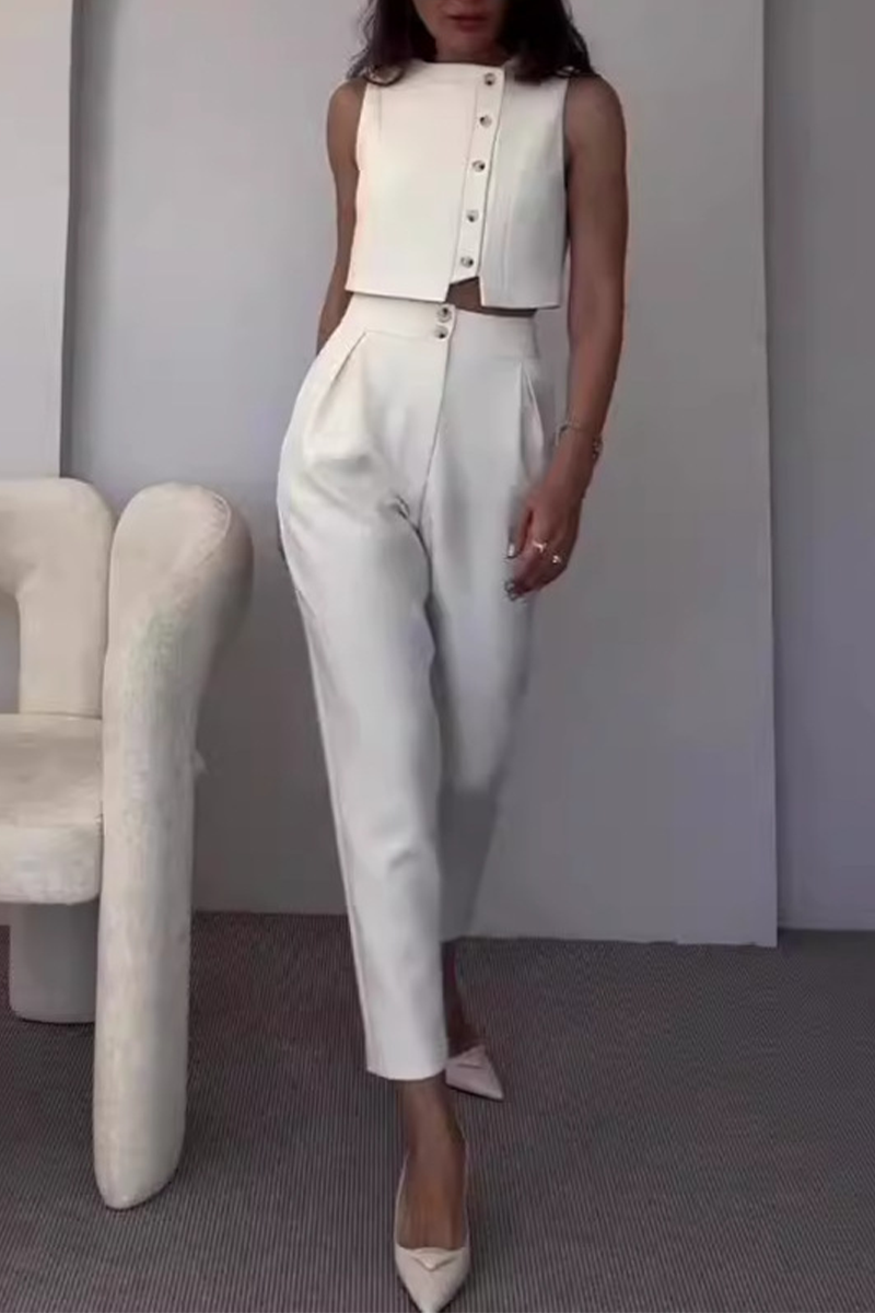 Wholesale Sleeveless O Neck Pocket Buttons Crop Tops And Straight Leg ...