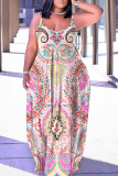 Casual Graphics Print Backless Spaghetti Strap Floor Length Vacation Baggy Sundress Slip Maxi Dress