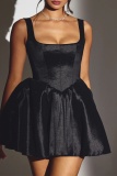 Formal Sleeveless Backless U Neck Belted Party Evening A Line Pleated Mini Tank Dresses