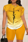 Casual Gradient Print O Neck Short Sleeve Oversize T-Shirt And Shorts Two Pieces Shorts Sets