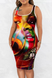 Casual Figure Print U Neck Sleeveless Vacation Bodycon Midi Tank Dress