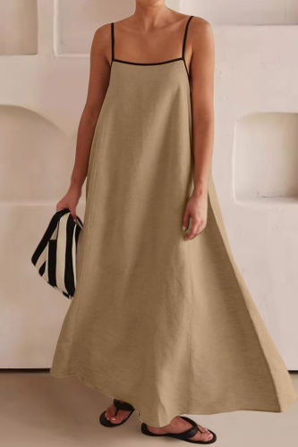 Casual Sleeveless Backless Spaghetti Strap Long Loose Vacation Cotton Linen Maxi Slip Dresses