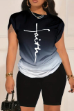 Casual Gradient Print O Neck Short Sleeve Oversize T-Shirt And Shorts Two Pieces Shorts Sets