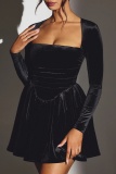 Formal Square Neck Long Sleeve Ruched Formal Party Evening Pleated Bodycon Velvet Midi Dress