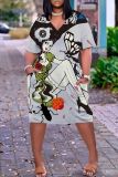 Casual Graphics Print Basic V Neck Short Sleeve Loose Pockets Midi T-Shirt Dress
