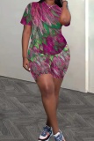 Casual Leaf Print O Neck Short Sleeve Oversize T-Shirt And Shorts Two Pieces Shorts Sets