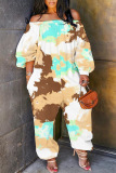 Casual Graphcis Print Off Shoulder Long Sleeve Pockets Harem Jumpsuits