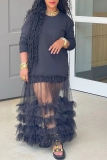 Casual O Neck Long Sleeve Patchwork Lace Ruffle Tiered Hem Maxi Dresses