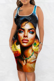 Casual Figure Print U Neck Sleeveless Vacation Bodycon Midi Tank Dress