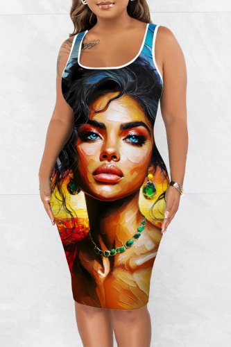 Casual Figure Print U Neck Sleeveless Vacation Bodycon Midi Tank Dress