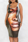 Casual Figure Print U Neck Sleeveless Vacation Bodycon Midi Tank Dress