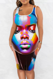 Casual Figure Print U Neck Sleeveless Vacation Bodycon Midi Tank Dress