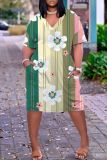 Casual Graphics Print Basic V Neck Short Sleeve Loose Pockets Midi T-Shirt Dress