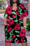 Casual Graphics Print Basic V Neck Short Sleeve Loose Pockets Midi T-Shirt Dress