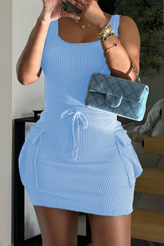 Casual U Neck Sleeveless Pocket Tank Tops And Mini Skirt Vacation Two Pieces Dress Sets