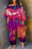 Casual Graphcis Print Off Shoulder Long Sleeve Pockets Harem Jumpsuits