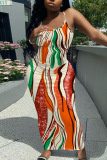 Casual Graphics Print Backless Spaghetti Strap Long Vacation Plus Size Bodycon Maxi Slip Dresses