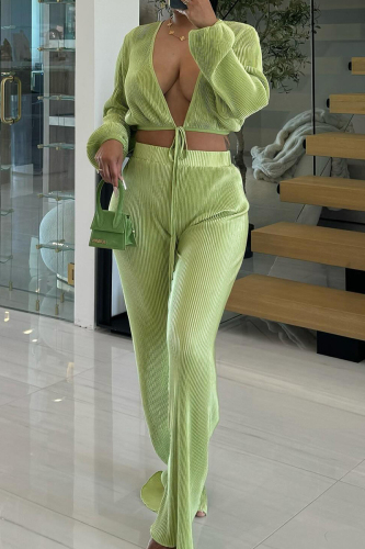 Casual Textured Deep V Neck Long Sleeve Front Tie Crop Tops And Straight Leg Pants Vacation Two Pieces Trouser Sets