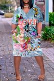 Casual Graphics Print Basic V Neck Short Sleeve Loose Pockets Midi T-Shirt Dress