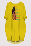Casual Figure Print O Neck Long Sleeve Pocket Loose Midi T-shirt Dresses