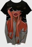 Casual Figure Print O Neck Short Sleeve Loose Straight Midi T-Shirt Dress