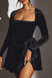 Formal Square Neck Long Sleeve Ruched Formal Party Evening Pleated Bodycon Velvet Midi Dress