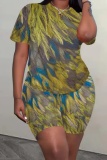 Casual Leaf Print O Neck Short Sleeve Oversize T-Shirt And Shorts Two Pieces Shorts Sets