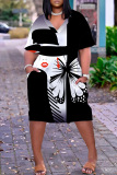 Casual Graphics Print Basic V Neck Short Sleeve Loose Pockets Midi T-Shirt Dress