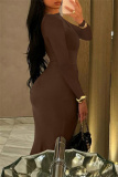 Formal O Neck Long Sleeve Ruched Mermaid Hem Long Party Evening Bodycon Maxi Dress