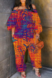 Casual Graphcis Print Off Shoulder Long Sleeve Pockets Harem Jumpsuits