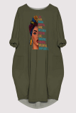 Casual Figure Print O Neck Long Sleeve Pocket Loose Midi T-shirt Dresses