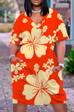 Casual Graphics Print Basic V Neck Short Sleeve Loose Pockets Midi T-Shirt Dress