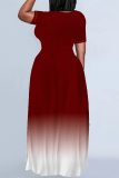 Casual Gradient Print O Neck Short Sleeve Pocket Loose Floor Length Plus Size Maxi T-Shirt Dresses